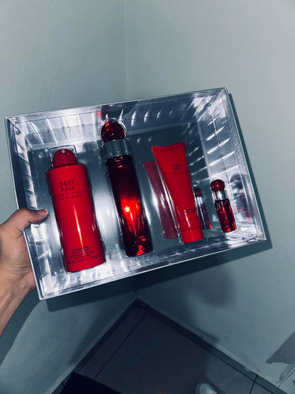 Perry Ellis 360 Red 3.4oz EDT Spray, 6 oz Body Spray, 3 oz Shower Gel, 7.5ml EDT Spray para hombre