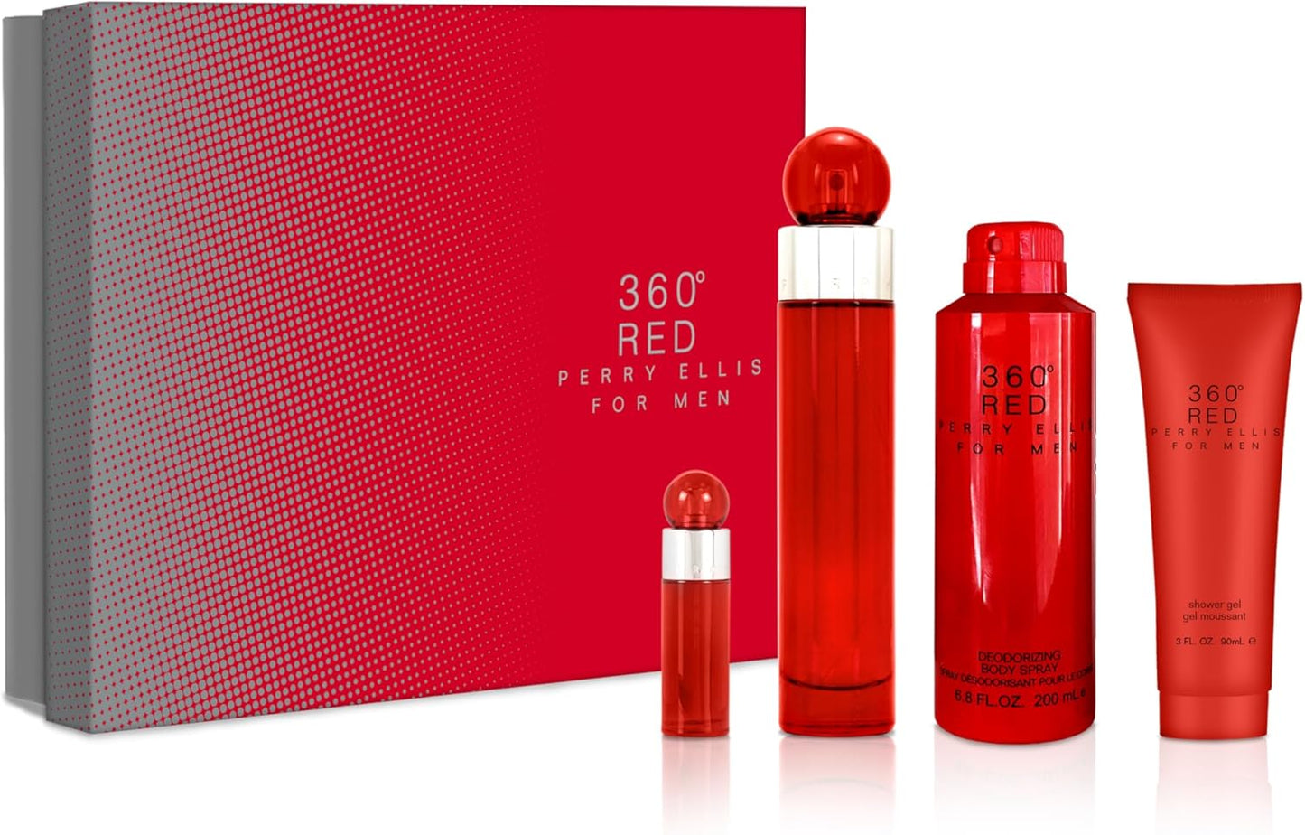 Perry Ellis 360 Red 3.4oz EDT Spray, 6 oz Body Spray, 3 oz Shower Gel, 7.5ml EDT Spray para hombre
